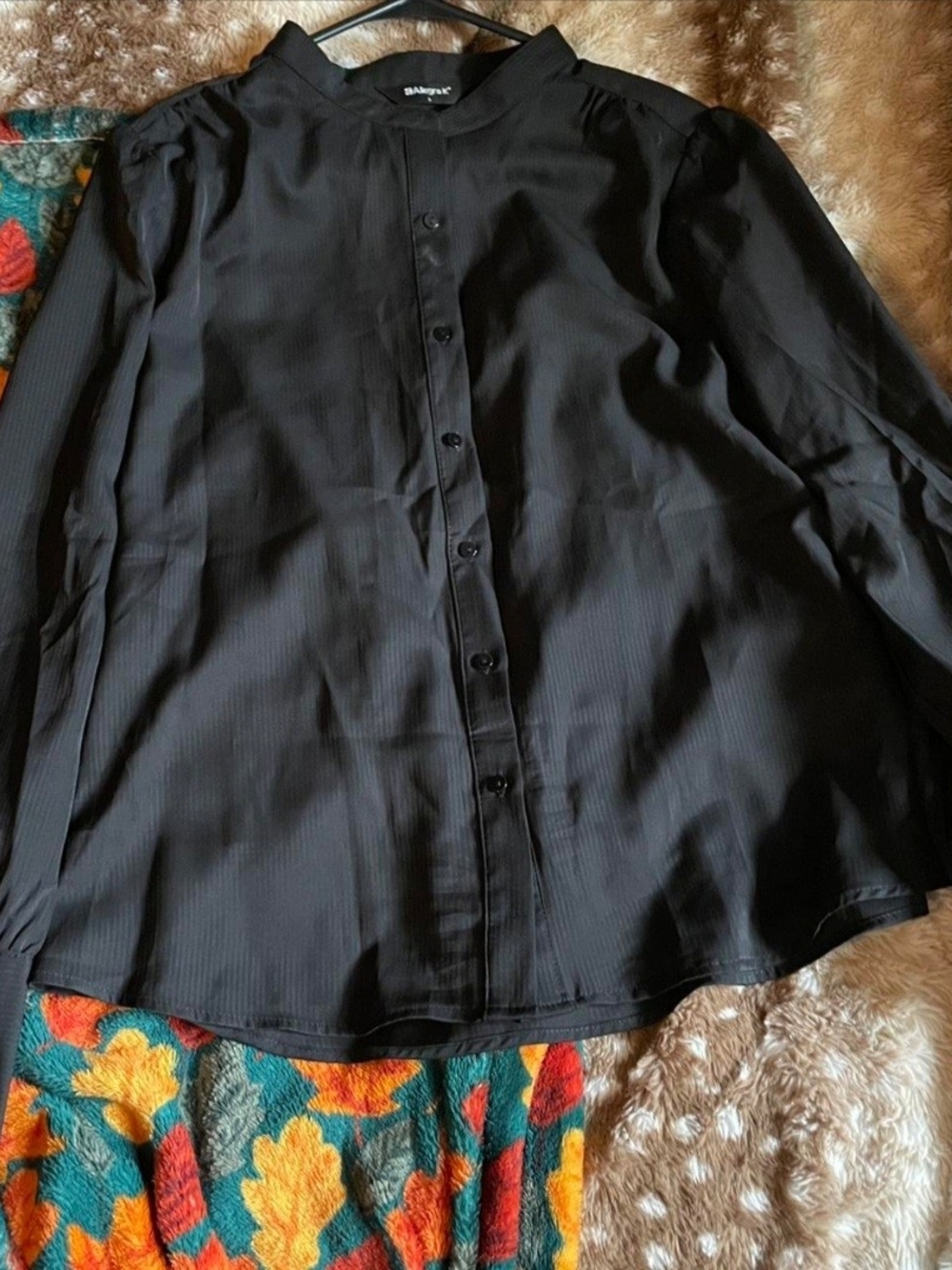 Allegra K Black Button-Front Long Sleeve Shirt